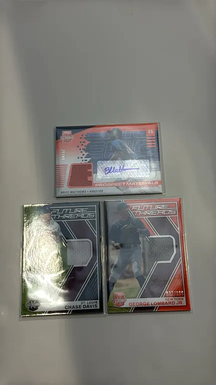 A Collection of 2023 Panini Elite Extra Edition Baseball Cards. (Panini, 2023) Includes Brice Matthews Prospect Materials Signatures (25/49) with auto