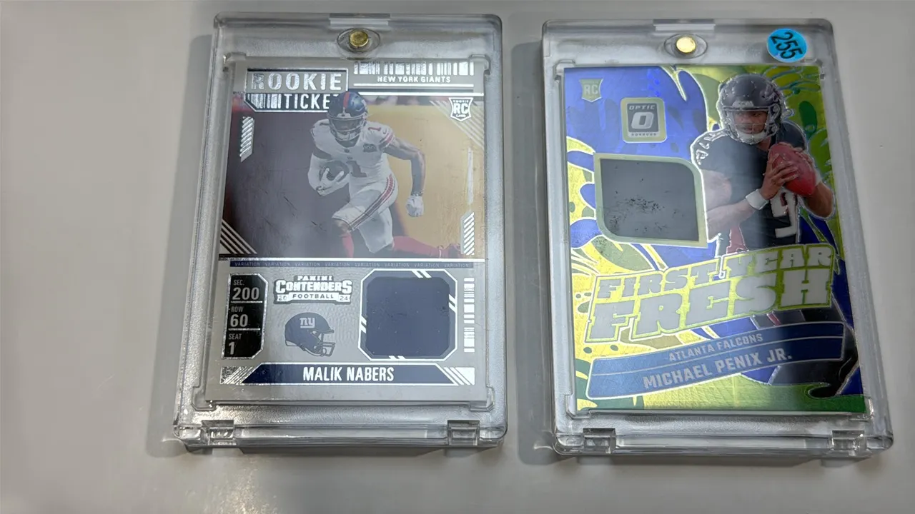 A Pair of 2024 Panini Rookie Memorabilia Cards. (Panini, 2024) Includes a Malik Nabers Contenders Rookie Ticket (No. RTS-MNS) and Michael Penix Jr. Do