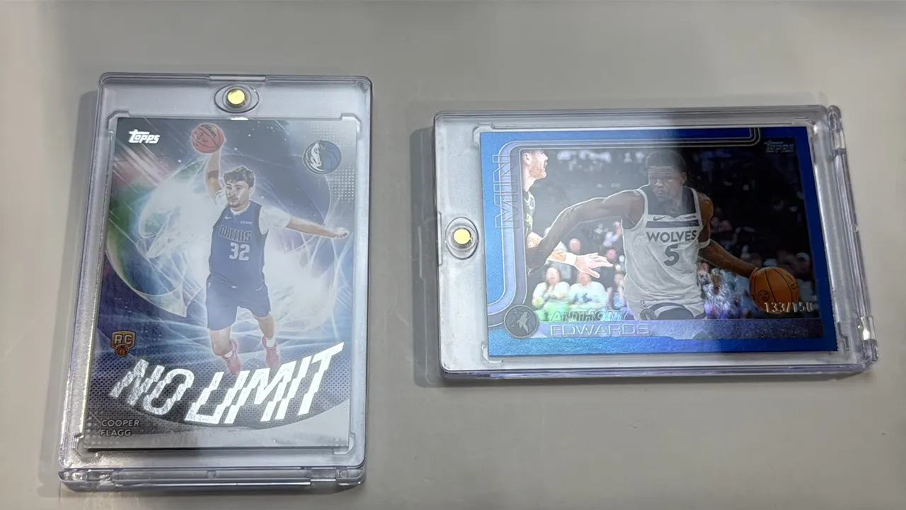 A Pair of 2025 Topps Basketball Cards. (Topps, 2025) Includes a Cooper Flagg "No Limit" Rookie card (NL-1) and an Anthony Edwards Blue Mini parallel c