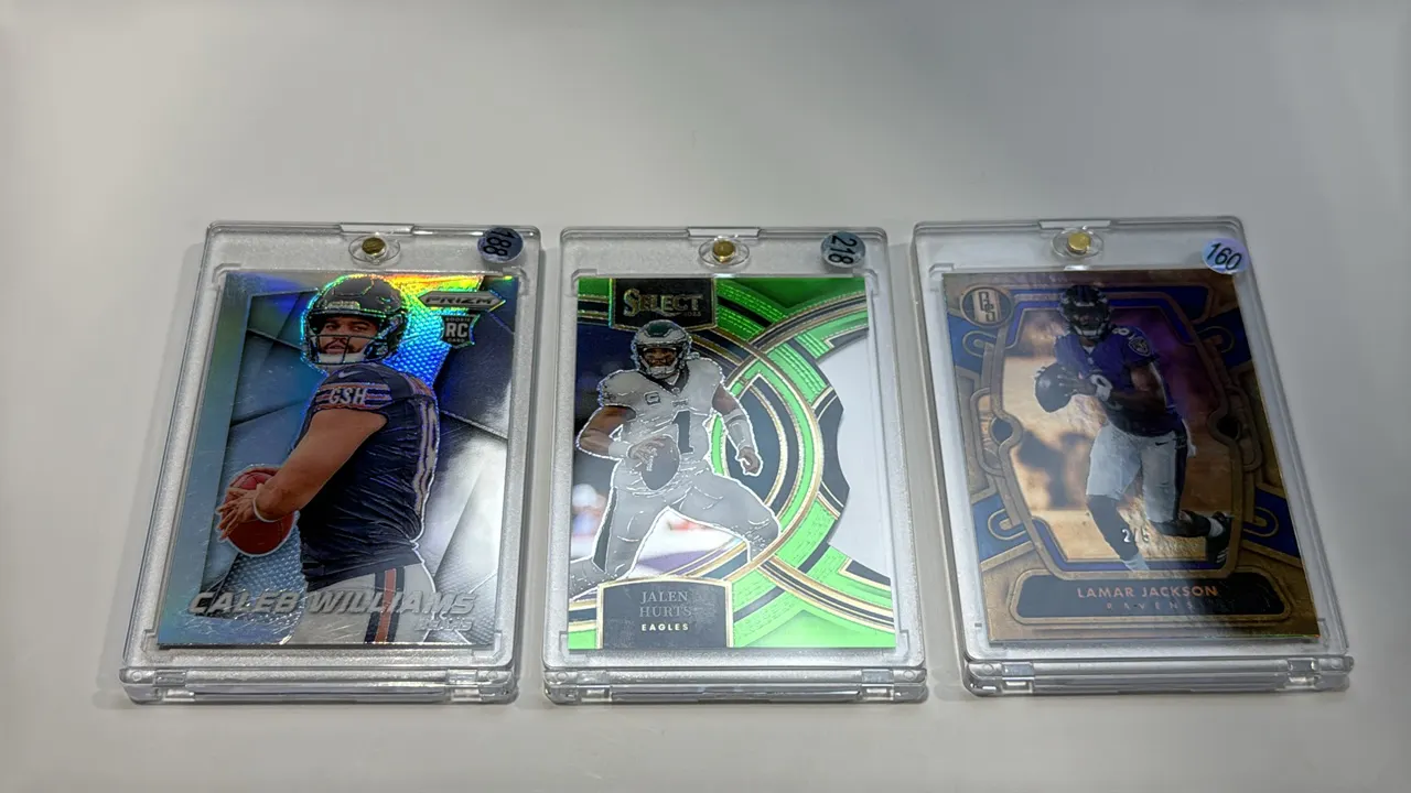 A Collection of Assorted Panini NFL Trading Cards. (Panini, 2023-2024) Includes a 2024 Prizm Caleb Williams No. 1 RC, 2023 Select Jalen Hurts No. 184