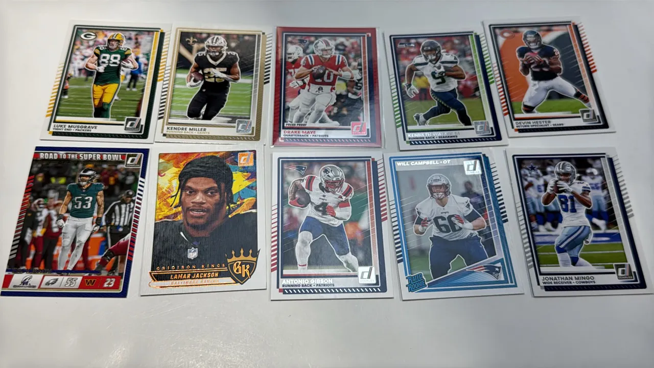 A Collection of 2025 Panini Donruss Football Cards. (Panini, 2025) A lot of 10 cards highlighted by Drake Maye No. 58 Press Proof, Lamar Jackson Gridi
