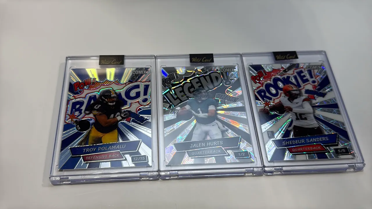 A Collection of Wild Card Comix Football Cards. (Wild Card, 2025) A set of (3) limited-edition holographic cards including Shedeur Sanders Rookie! (nu