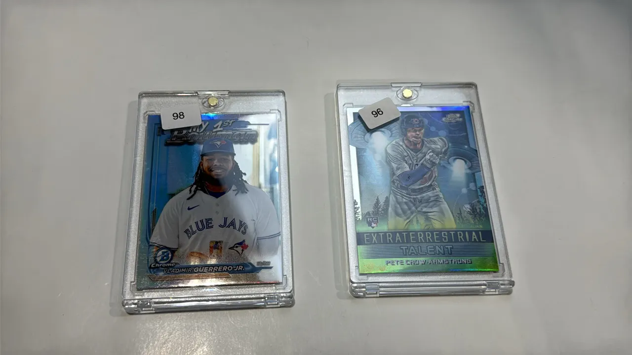 A Pair of 2024 Topps Baseball Cards. (Topps, 2024) Includes Vladimir Guerrero Jr. "My 1st Bowman" Bowman Chrome card (No. M1B-29) and Pete Crow-Armstr