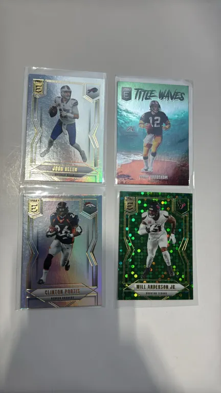 A Set of 2024 Panini Donruss Elite Football Trading Cards. (Panini, 2024) Includes Josh Allen No. 33, Will Anderson Jr. No. 28 green disco parallel, C