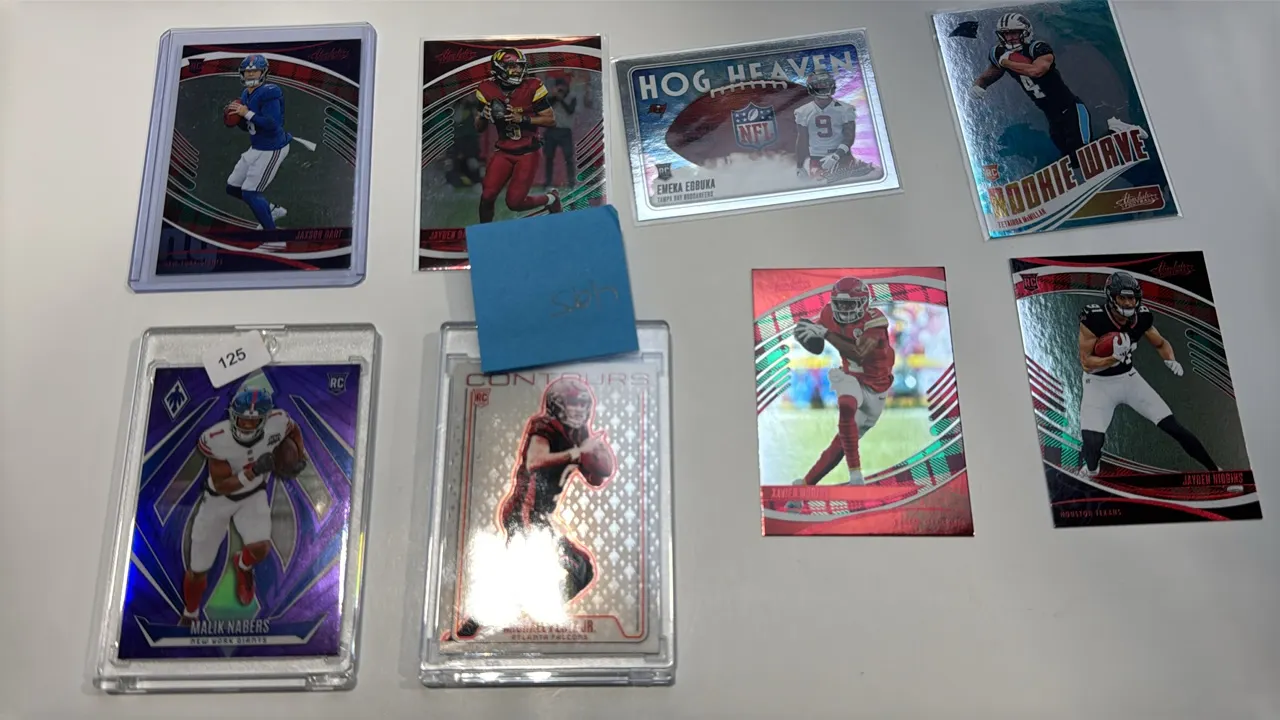 A Collection of Assorted Football Cards. (Panini, 2024-2025) A lot of (8) cards including Panini Phoenix Michael Penix Jr. Contours (CON-MPJ) and Mali