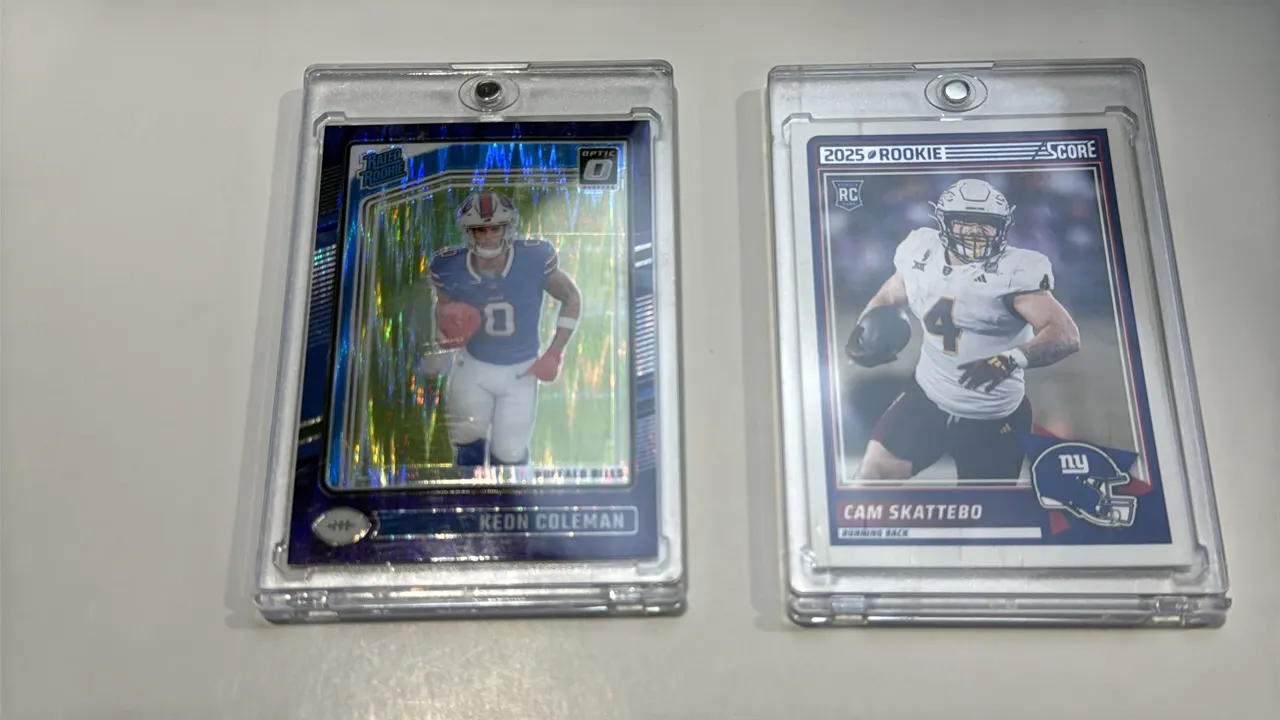 A Pair of Panini Football Rookie Cards. (Panini, 2024-2025) Includes a 2025 Panini Score Cam Skattebo rookie card (No. 1) and a 2024 Panini Donruss Op