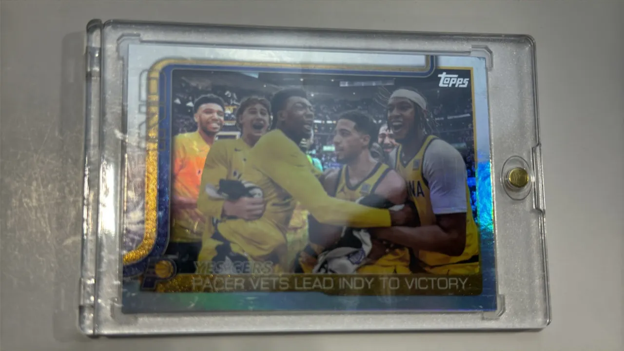 A 2025 Topps Flagship Basketball Trading Card #280. (Topps, 2025) Card titled "Yes'cers - Pacer Vets Lead Indy to Victory" featuring the Indiana Pacer