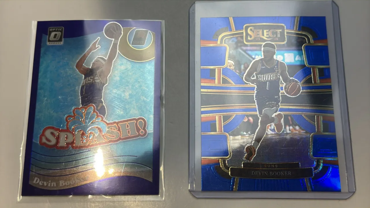 A Pair of Devin Booker Basketball Cards. (Panini, 2023-24) A 2-card lot featuring Phoenix Suns guard Devin Booker, including a 2023-24 Donruss Optic S