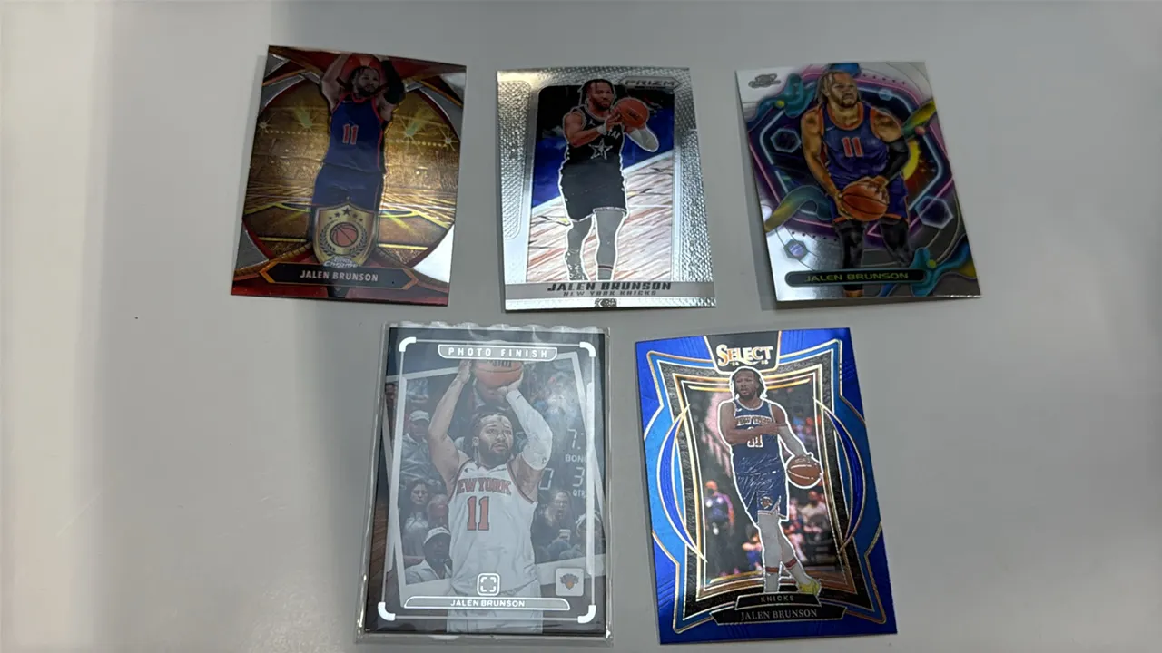 A Collection of (5) Jalen Brunson Basketball Cards. (Topps/Panini, 2024-2025) Includes 2024 Topps Chrome #81, 2025 Topps Chrome Best of the Best #BOD-
