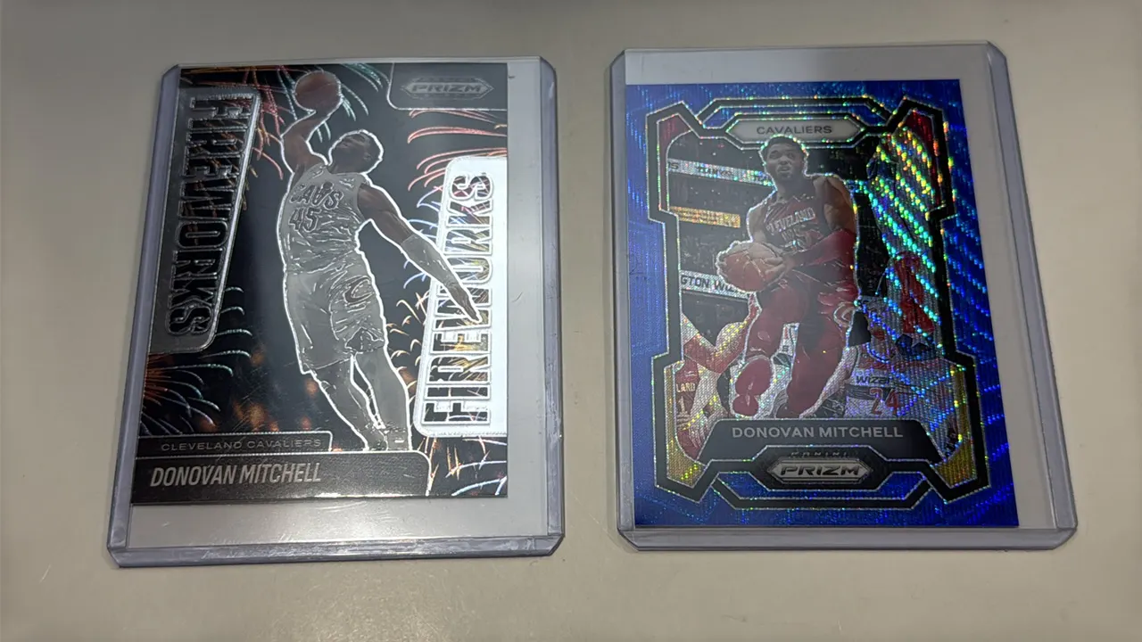 A Pair of Donovan Mitchell Basketball Cards. (Panini, 2023-2025) A collection of (2) Panini Prizm cards featuring Donovan Mitchell of the Cleveland Ca