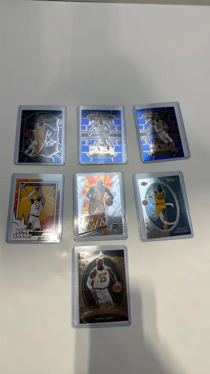 A Collection of (7) LeBron James Basketball Cards. (Panini, 2020-2025) Includes 2024-25 Donruss Bomb Squad #7, (2) 2023-24 Select Concourse #66, 2023-