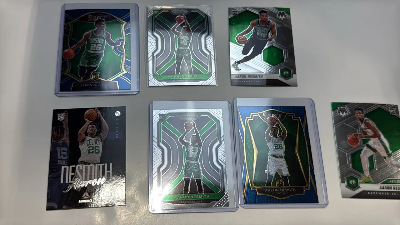 A Collection of Aaron Nesmith Rookie Basketball Cards. (Panini, 2020-21) A 7-card lot featuring Boston Celtics rookie Aaron Nesmith. Includes Prizm #2