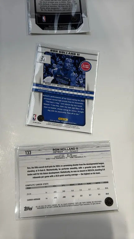 A Collection of Ron Holland II Basketball Rookie Cards. (Panini/Topps, 2024-2025) Includes 2024-25 Donruss Great Expectations No. 7, 2024-25 Panini Pr
