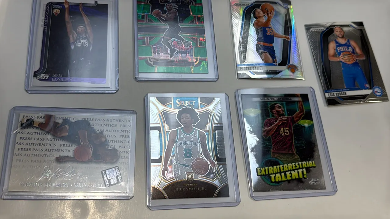 A Collection of (7) Assorted Basketball Cards. (Various, 1998-2024) Includes a 1998 Press Pass Stephon Marbury autograph, 2024 Topps Chrome Donovan Mi