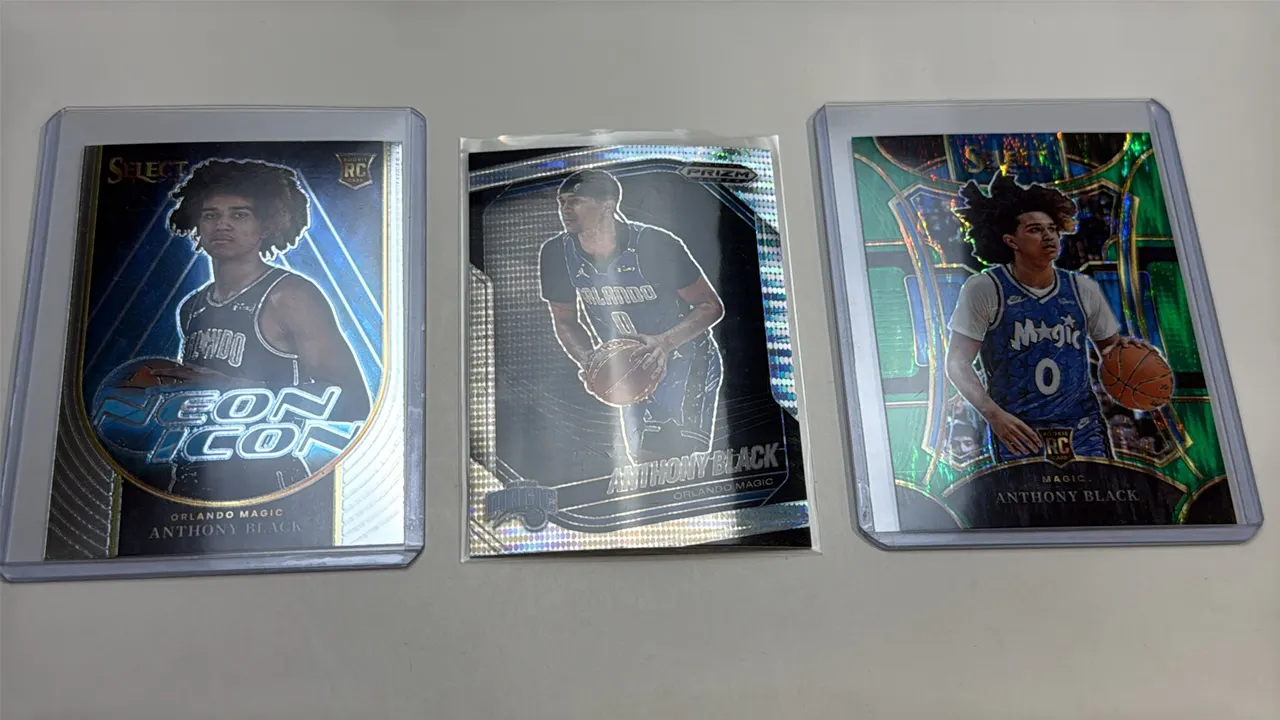 A Collection of (3) Anthony Black Basketball Cards. (Panini, 2023-2025) Featuring Orlando Magic cards including a 2023-24 Select Neon Icon RC (No. 22)