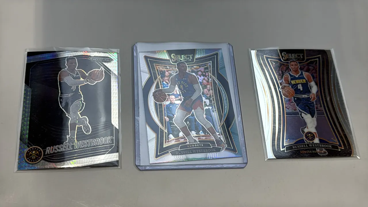 A Collection of Russell Westbrook Denver Nuggets Basketball Cards. (Panini, 2024-25) Includes (1) Prizm Black No. 54, (1) Select Concourse No. 18, and