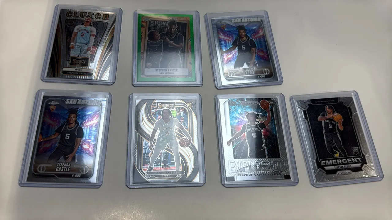 A Collection of (7) Stephon Castle Rookie Basketball Cards. (Panini/Topps, 2024-25) Includes Panini Prizm Explosion (No. 29) and Emergent (No. 25); Pa