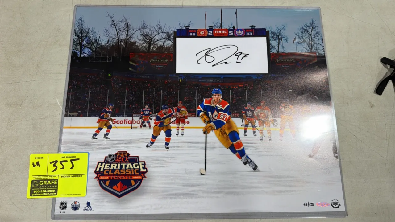 A Connor McDavid Autographed 2023 Heritage Classic Print. (Upper Deck, 2023) A limited edition action print hand-signed by Connor McDavid, numbered 58