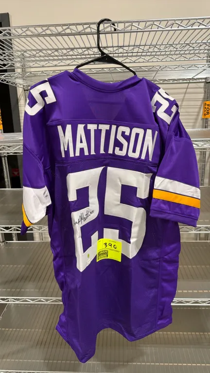 An Alexander Mattison Autographed Minnesota Vikings Custom Jersey. (Total Sports Enterprises) A purple custom football jersey featuring name and numbe