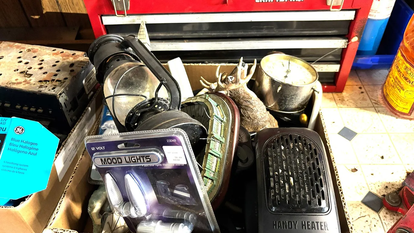 Box of Collectibles and Plug in Electric Heater