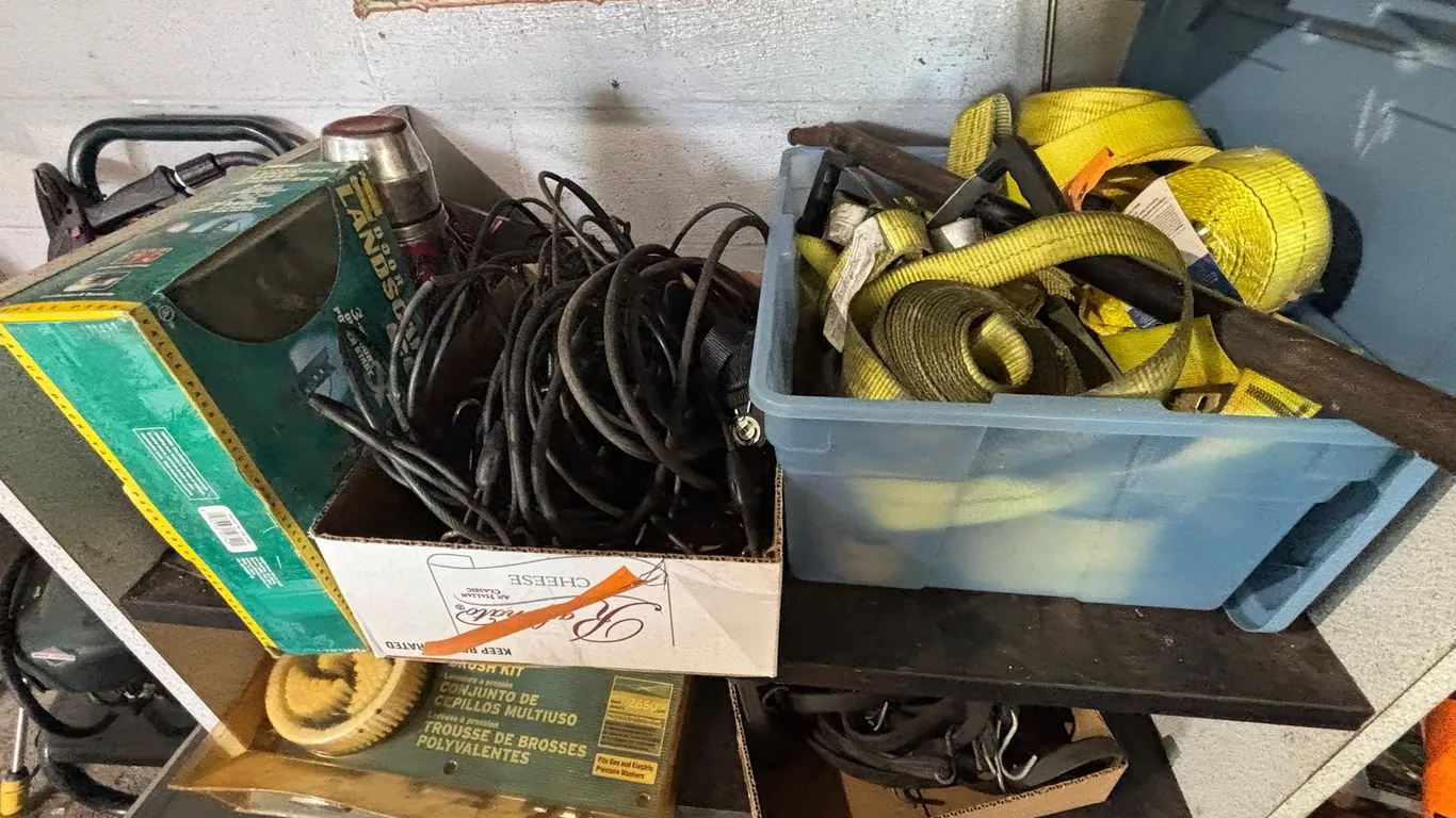 Assortment of Dog Cables, (2) 1" Straps, and Short Extension Cord