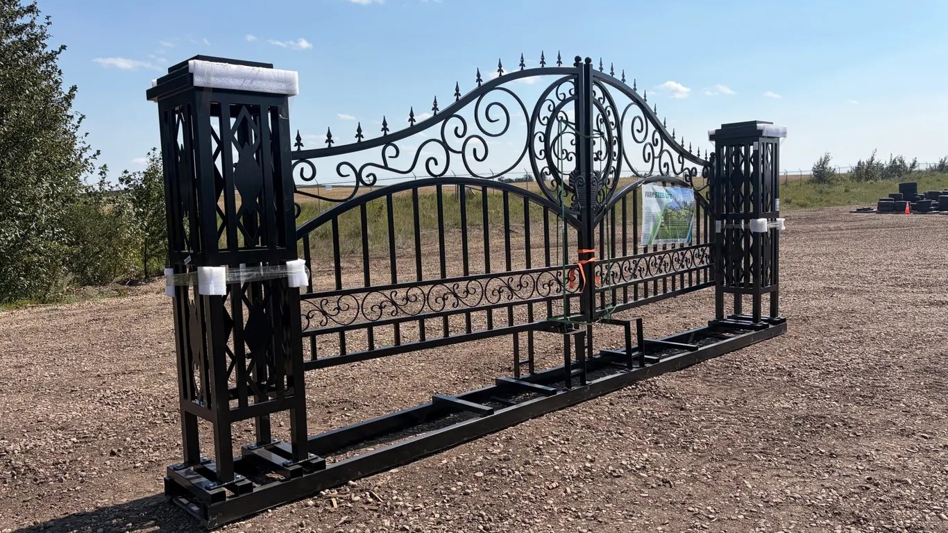 Unused 20' Bi-Parting Metal Driveway Gate w/ European Style Motif