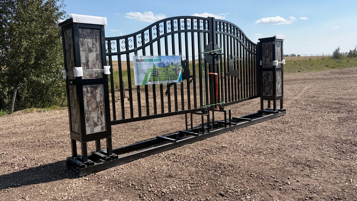 Unused 20' Bi-Parting Metal Driveway Gate w/ Double Deer Motif