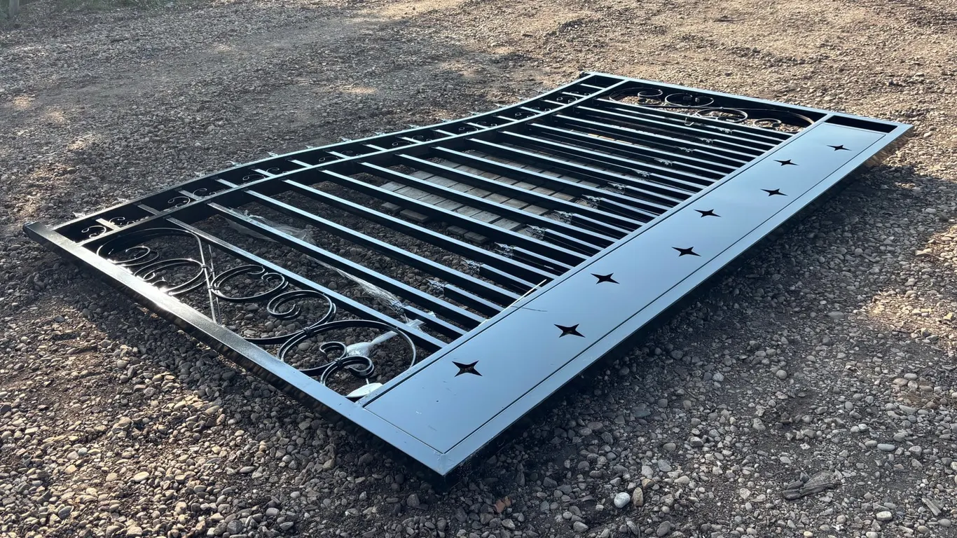 Unused Greatbear 20' Dual Swing Wrought Iron Gate w/ Star Motif