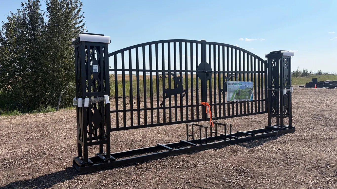 Unused 20' Bi-Parting Metal Driveway Gate w/ Single Deer Motif
