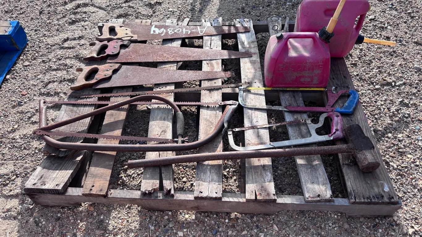 VARIOUS HAND SAWS AND GAS CANS