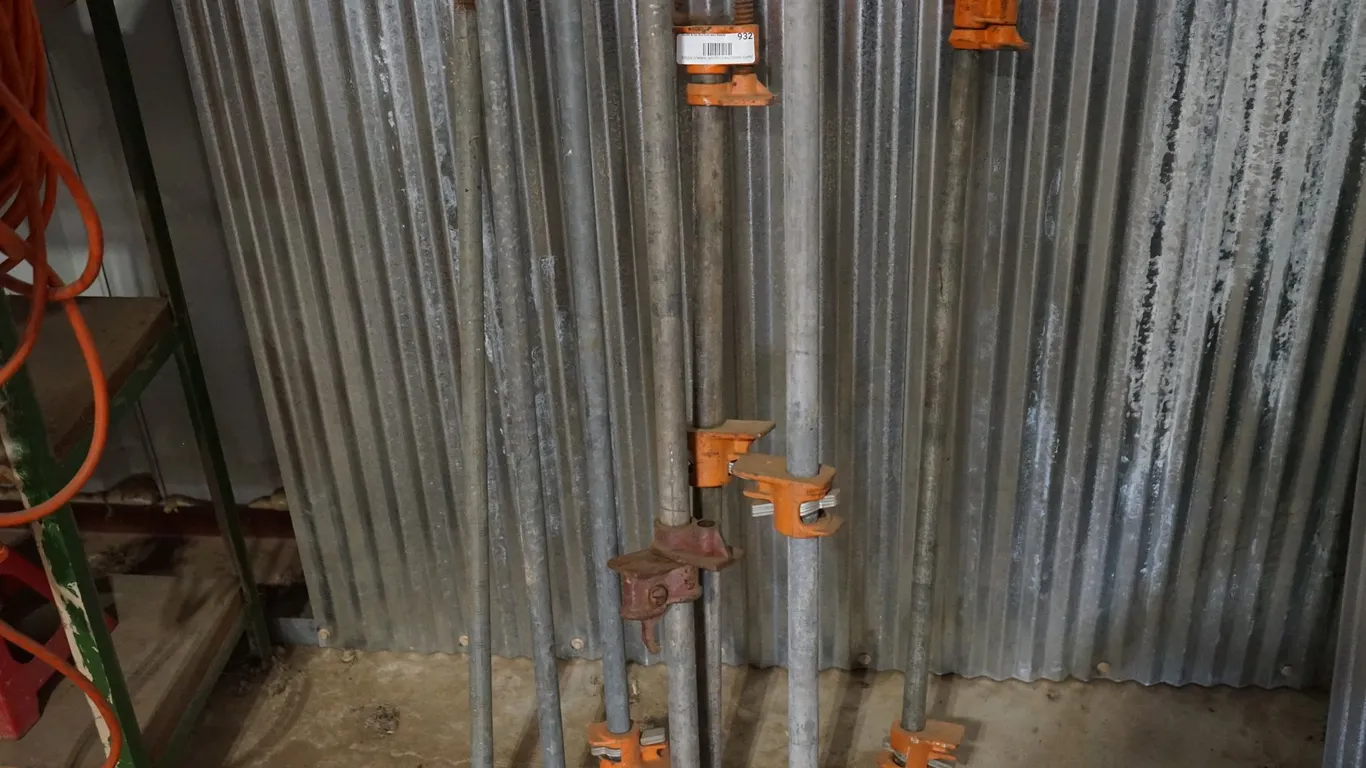 5 Misc Metal Wood Clamps & 2 Poles