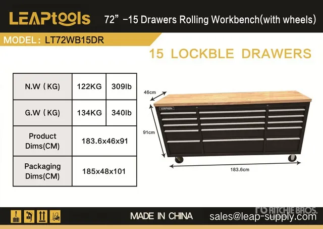 2026 LEAPtools LT72WB15DR 1836 mm 15-Drawer Tool Cabinet (Unused)