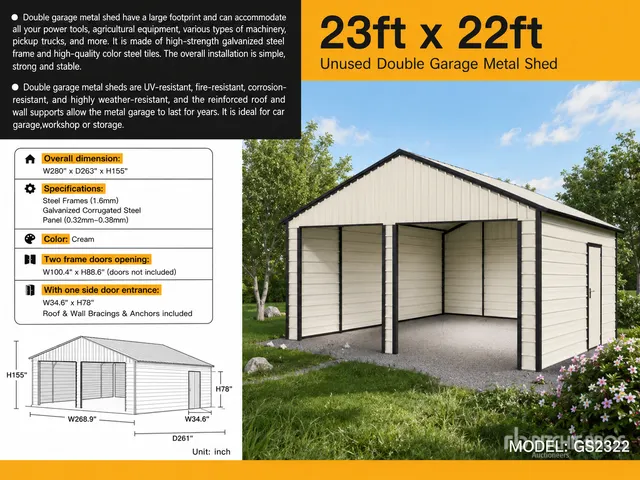 2026 Suihe GS2322 23 ft x 22 ft Double Garage Metal Shed (Unused)
