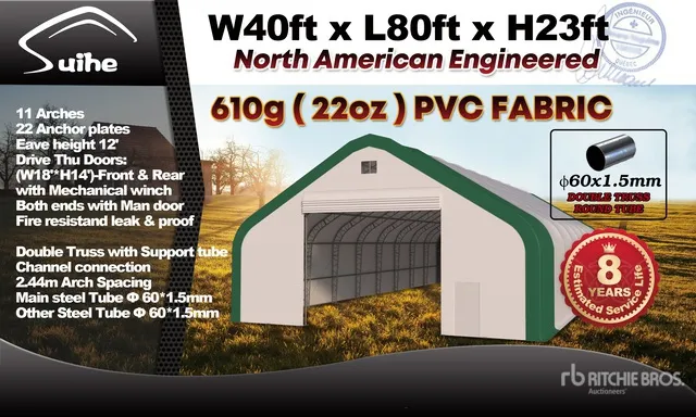 2026 Suihe S408023DP-610gPVC 40 ft x 80 ft x 23 ft Storage Building (Unused)