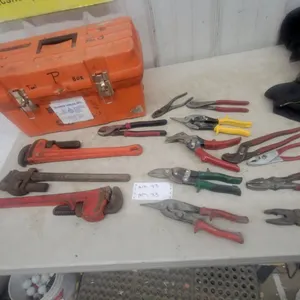 Pipe Wrenches, Tin Snips, Pliers, and Orange Tool Box