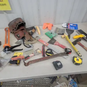 Assorted Hand Tools: Hammers, Tape Measures, Caulking Gun, Trowels, Scrapers