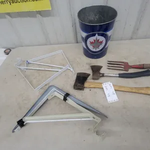 Two Axes, Hand Rake, Two White Metal Brackets, Two Grey Metal Brackets, and Metal Pail