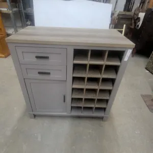 Gray and Wood-Grain Bar Cabinet with 2 Drawers, Cabinet, and 15-Bottle Wine Rack 37”×36”×18”