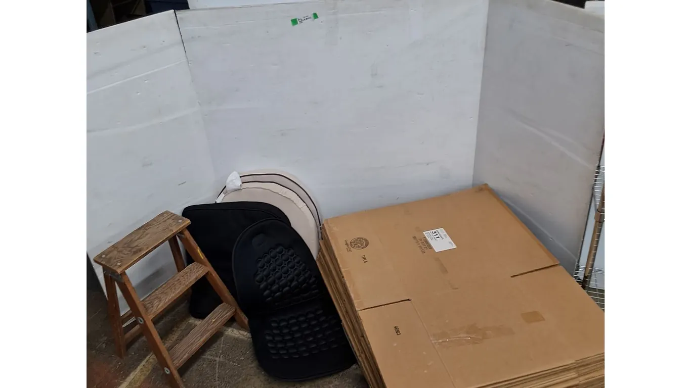 *(4) Cushioned, Wooden Stool, Folded Cardboard Boxes