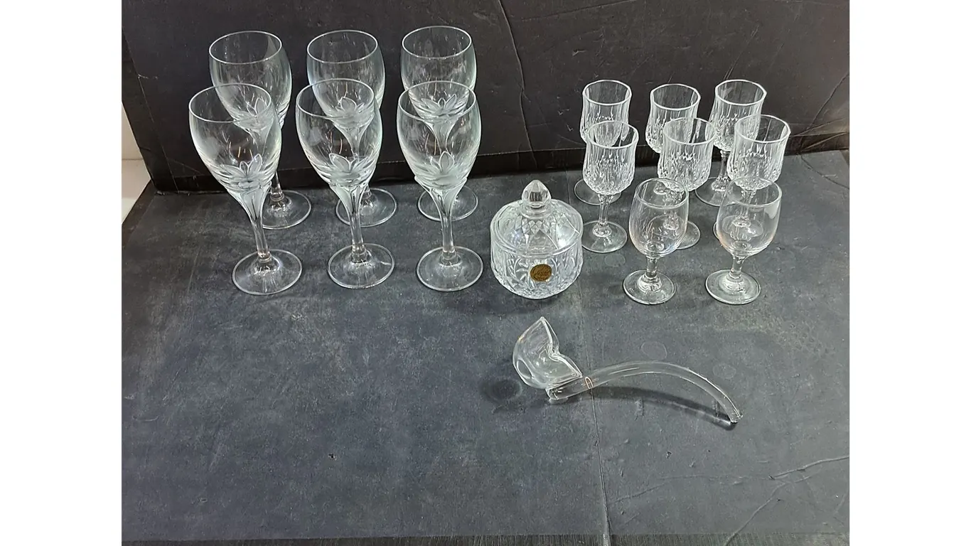 Assorted Glassware - (14) Wine Glasses, Glass Jar, Ladle