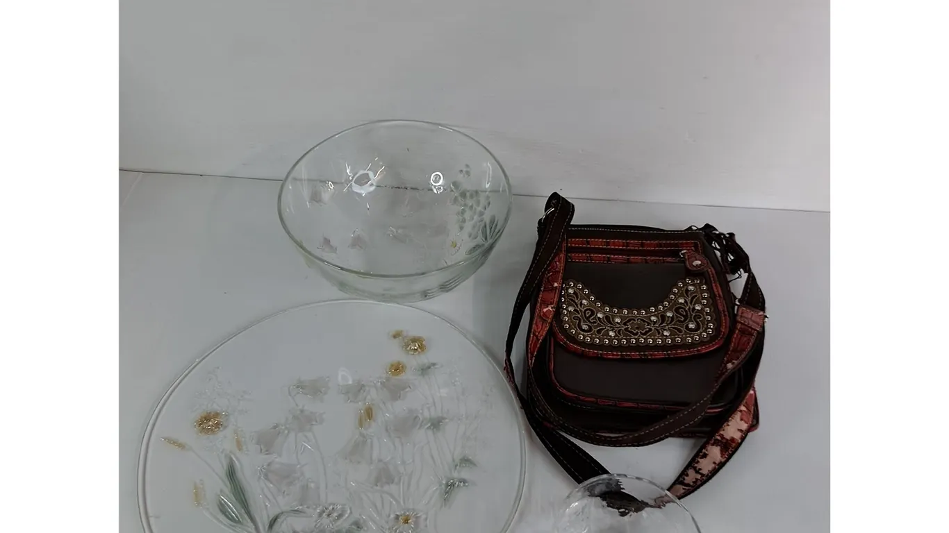 Crystal Bowl and Tray with Floral Details, Glass Bowl, Women's Sling Bag