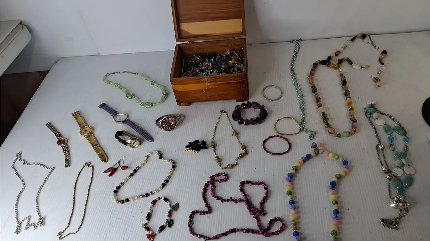 Wooden Jewelry Box & Jewelry/Watches- As Is