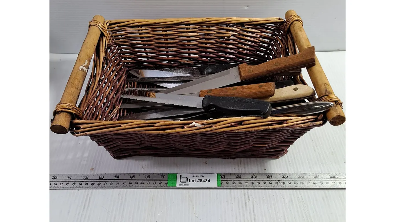 Lot of (28) Assorted Knives in Brown Wicker Basket