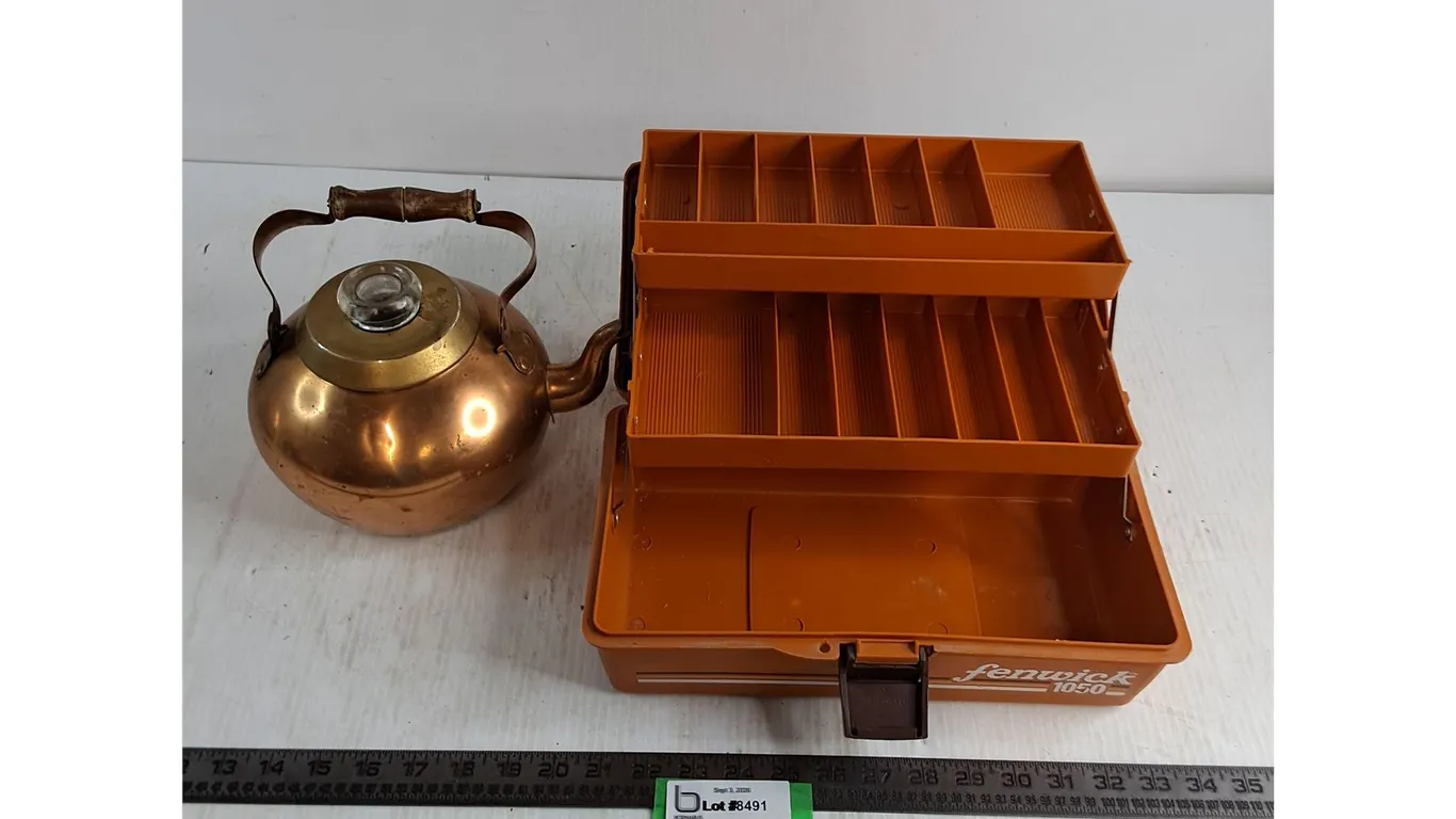 Vintage Copper Kettle, Fenwick 1050 Tackle Box - Appears Unused