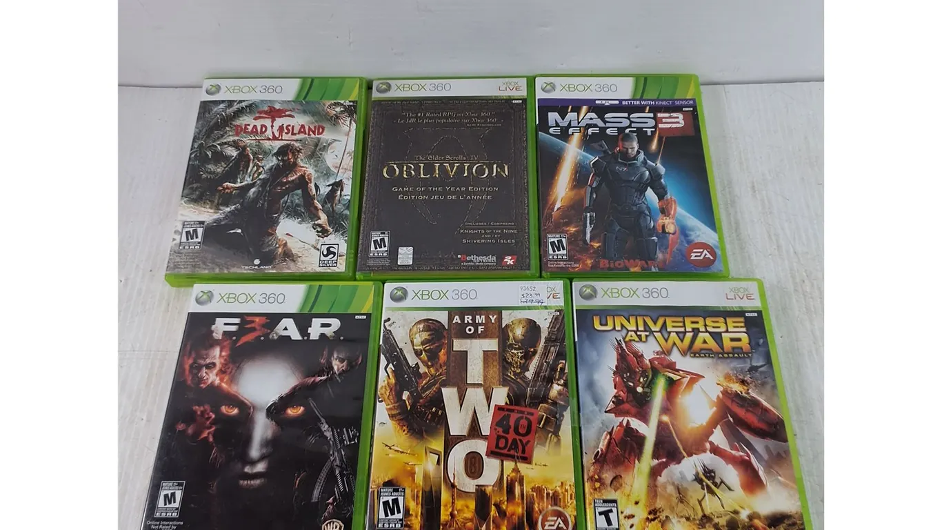 (6) XBOX 360 Games, FEAR 3, Universe At War, Army of Two, Mass Effect 3, TES4 Oblivion, Dead Island