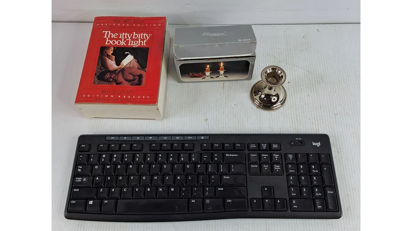 The Itty Bitty Book Light, Silver Candle Stick Holders, Logi Wireless Keyboard - As Is