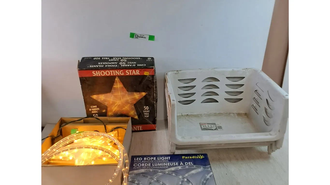 (2) LED Rope Lights, Shooting Star, (4) Sterilite Magazine Bins