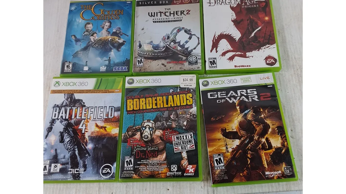(6) XBOX 360 Games, Gears of war, Dragon Age, Borderlands, Battlefield, Witcher, Golden Compass
