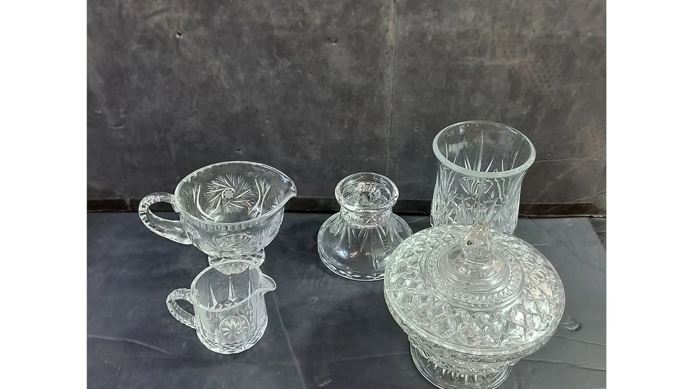 Various Glassware- Gravy Boat, Vase, Candy Jar, Candle Holder