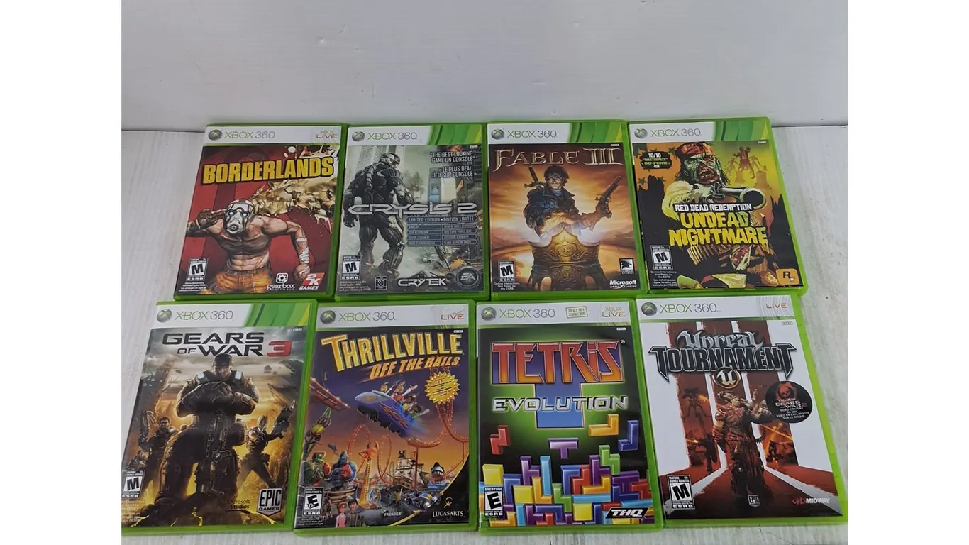 (8) XBOX 360 Games, Gears of War, Fable, Red Dead, Crysis, Unreal, Tetris, Thrillville
